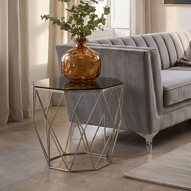 Allure Nickel Metal Octagonal End Table with Smoke Grey Glass Top