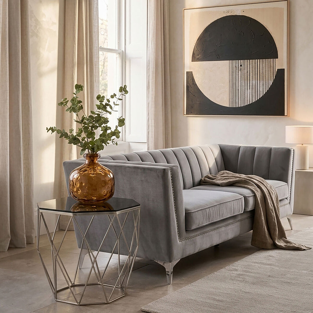 Allure Nickel Metal Octagonal End Table with Smoke Grey Glass Top