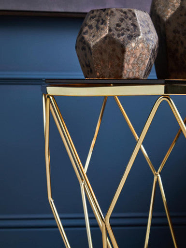 Brush Brushed Bronze Metal Geometric Side Table with Hexagonal Tempered Glass Top, Allure