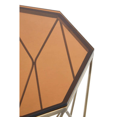 Brush Brushed Bronze Metal Geometric Side Table with Hexagonal Tempered Glass Top, Allure