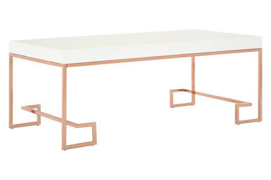 White High Gloss Wood Top Coffee Table with Rose Gold Angled Stainless Steel Leg, Allure