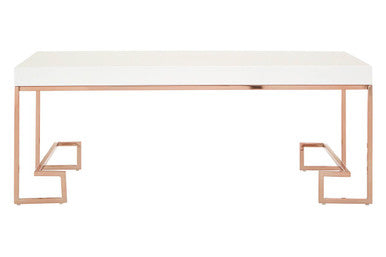 White High Gloss Wood Top Coffee Table with Rose Gold Angled Stainless Steel Leg, Allure