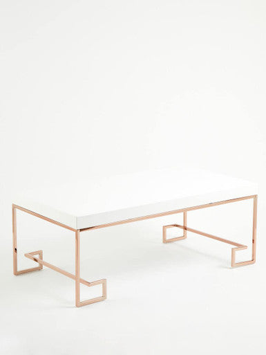White High Gloss Wood Top Coffee Table with Rose Gold Angled Stainless Steel Leg, Allure