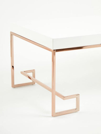 White High Gloss Wood Top Coffee Table with Rose Gold Angled Stainless Steel Leg, Allure