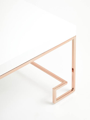 White High Gloss Wood Top Coffee Table with Rose Gold Angled Stainless Steel Leg, Allure