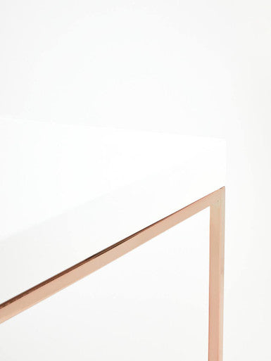 White High Gloss Wood Top Coffee Table with Rose Gold Angled Stainless Steel Leg, Allure
