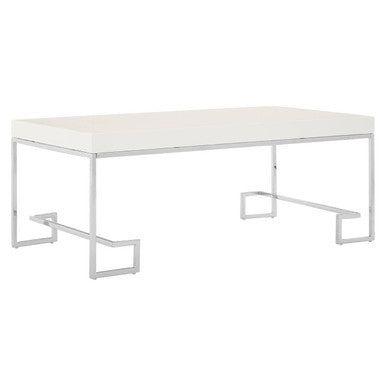 White High Gloss Wood Top Coffee Table with Silver Chrome Angled Stainless Steel Leg, Allure