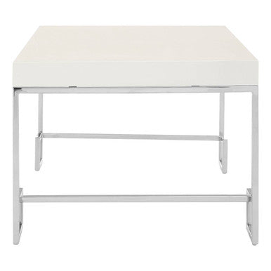 White High Gloss Wood Top Coffee Table with Silver Chrome Angled Stainless Steel Leg, Allure