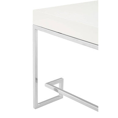 White High Gloss Wood Top Coffee Table with Silver Chrome Angled Stainless Steel Leg, Allure