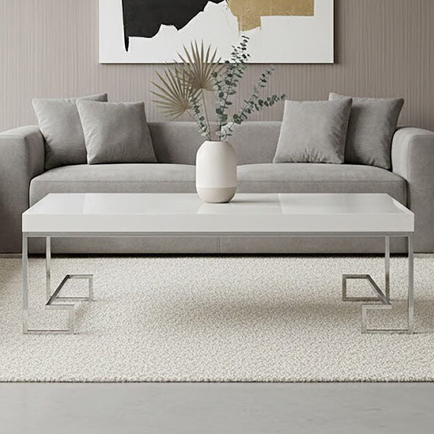 White High Gloss Wood Top Coffee Table with Silver Chrome Angled Stainless Steel Leg, Allure