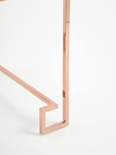 White High Gloss Wood Top End Table with Rose Gold Angled Stainless Steel Leg, Allure