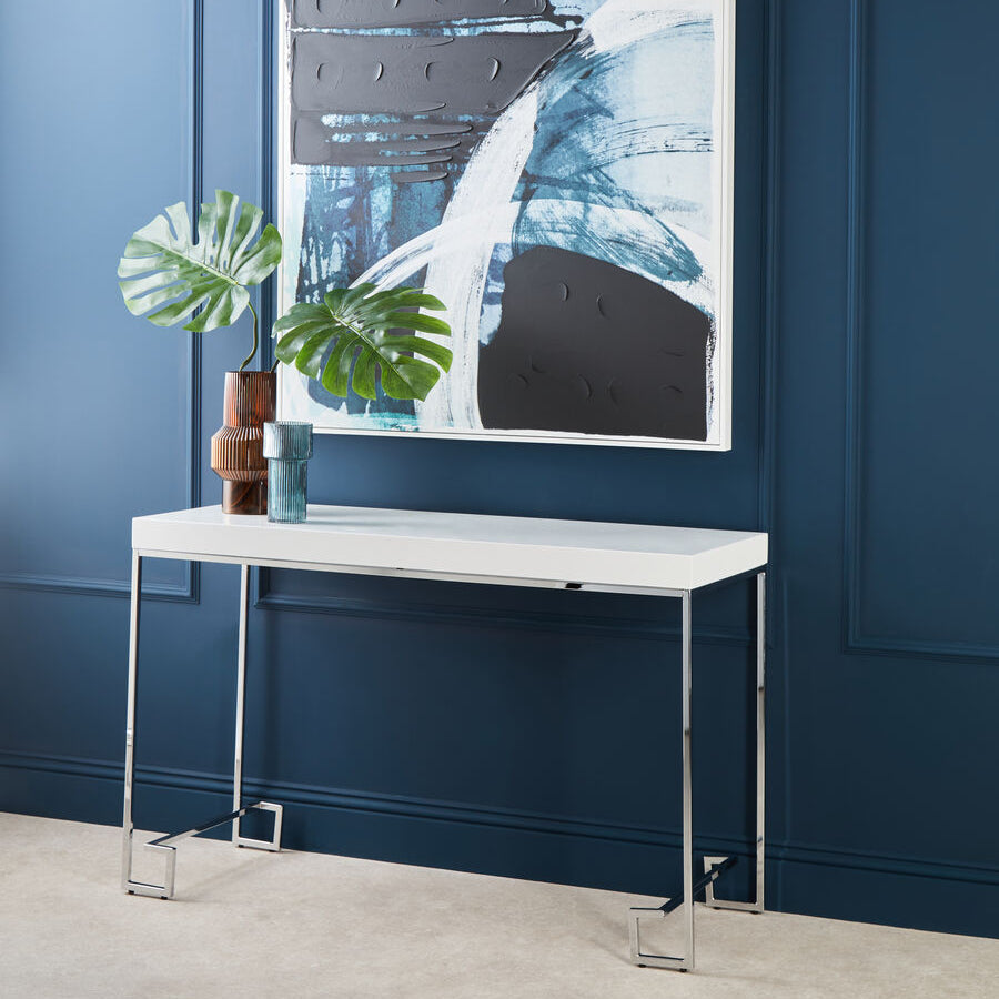 White High Gloss Wood Top Coffee Table with Silver Chrome Metal Leg, Allure