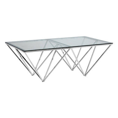 Clear Tempered Glass Coffee Table with Chrome Metal Triangular Base, Allure