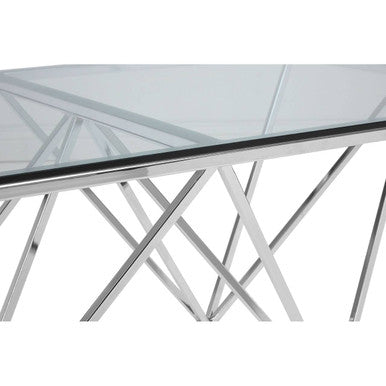Clear Tempered Glass Coffee Table with Chrome Metal Triangular Base, Allure