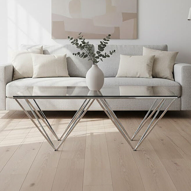 Clear Tempered Glass Coffee Table with Chrome Metal Triangular Base, Allure