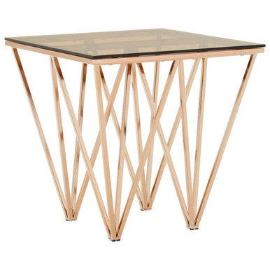 Amber Tinted Glass Top End Table with Rose Gold Prismatic Legs, Allure