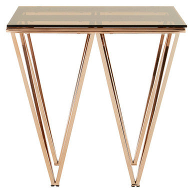Amber Tinted Glass Top End Table with Rose Gold Prismatic Legs, Allure