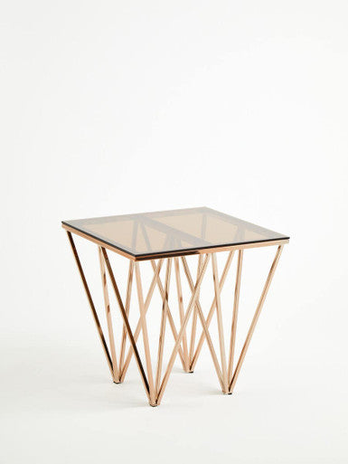 Amber Tinted Glass Top End Table with Rose Gold Prismatic Legs, Allure