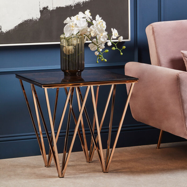Amber Tinted Glass Top End Table with Rose Gold Prismatic Legs, Allure