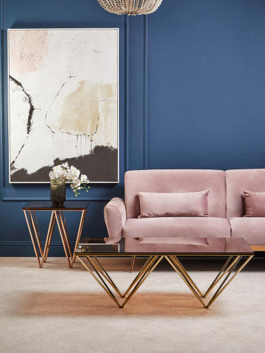 Amber Tinted Glass Top End Table with Rose Gold Prismatic Legs, Allure