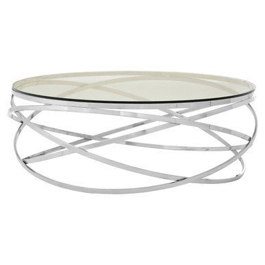 Round Tempered Glass Top Coffee Table with Silver Swirl Stainless Steel Hoop Base, Allure