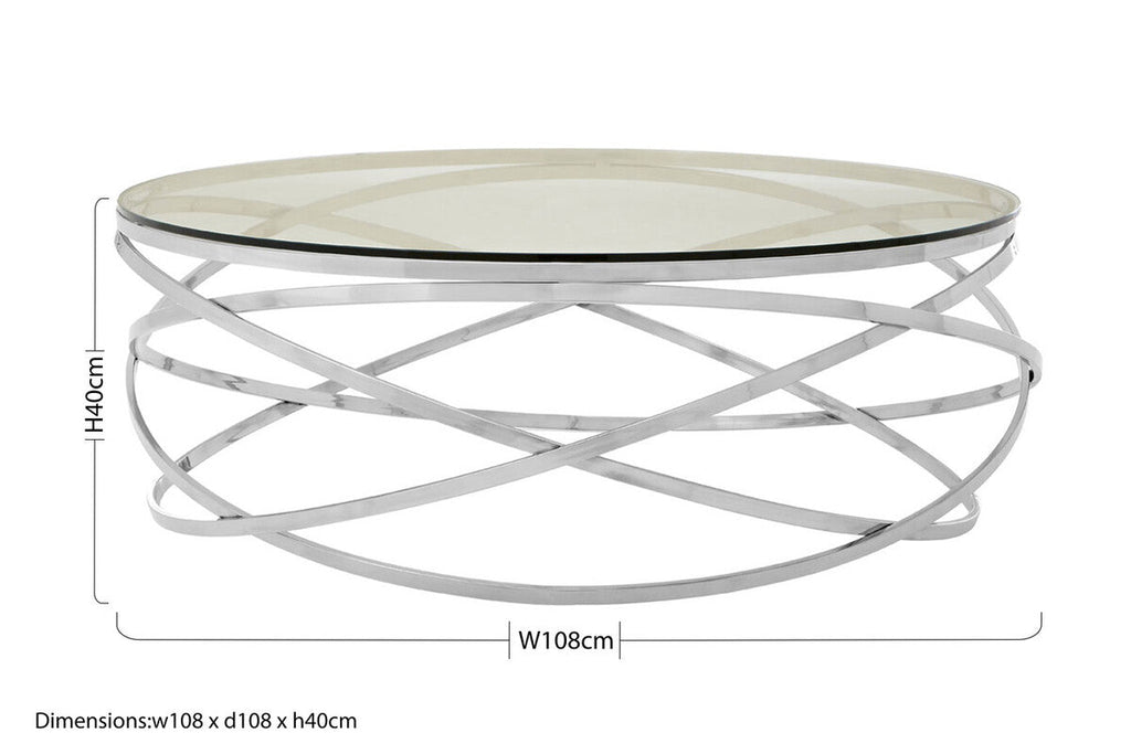 Allure Silver Stainless Steel Round Coffee Table with Swirl Base