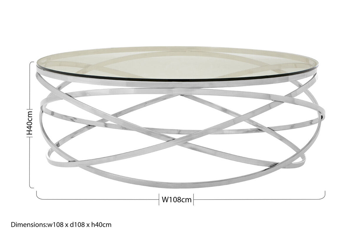 Allure Silver Stainless Steel Round Coffee Table with Swirl Base