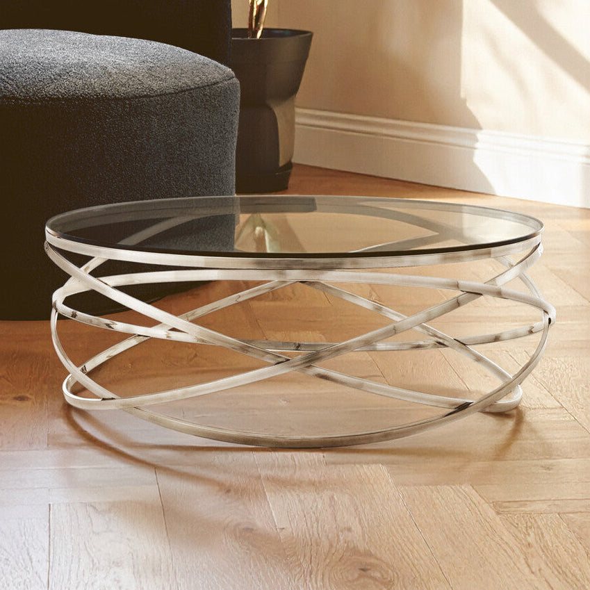Allure Silver Stainless Steel Round Coffee Table with Swirl Base