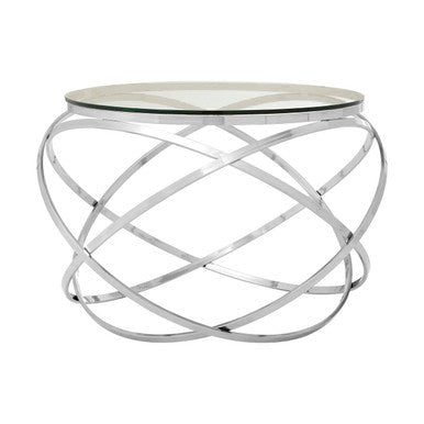 Clear Glass Round Top End Table with Silver Stainless Steel Overlapping Hoop Base, Allure