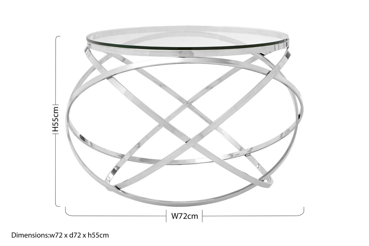 Clear Glass Round Top End Table with Silver Stainless Steel Overlapping Hoop Base, Allure