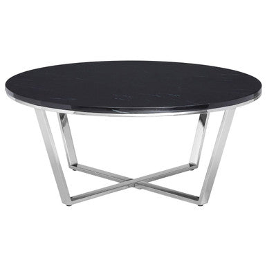 Round Black Faux Marble Coffee Table with Chrome Lattice Leg Design, Allure