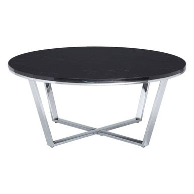 Round Black Faux Marble Coffee Table with Chrome Lattice Leg Design, Allure