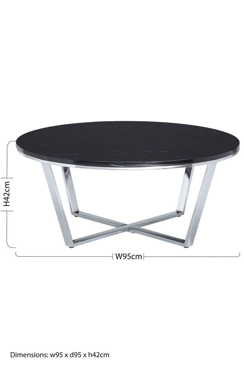 Round Black Faux Marble Coffee Table with Chrome Lattice Leg Design, Allure