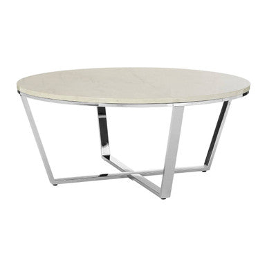 Round White Faux Marble Coffee Table with Chrome Lattice Leg Design, Allure