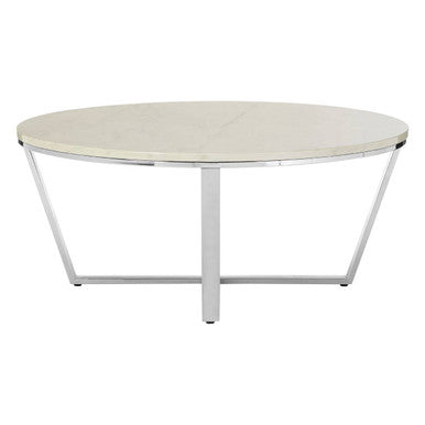 Round White Faux Marble Coffee Table with Chrome Lattice Leg Design, Allure