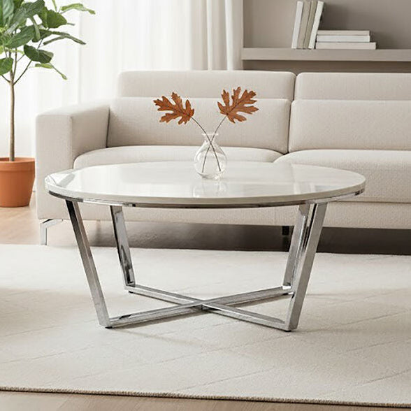Round White Faux Marble Coffee Table with Chrome Lattice Leg Design, Allure