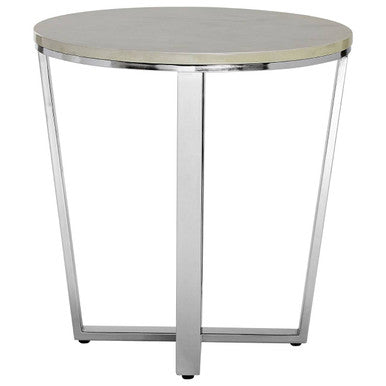 Round White Faux Marble End Table with Chrome Lattice Leg Design, Allure