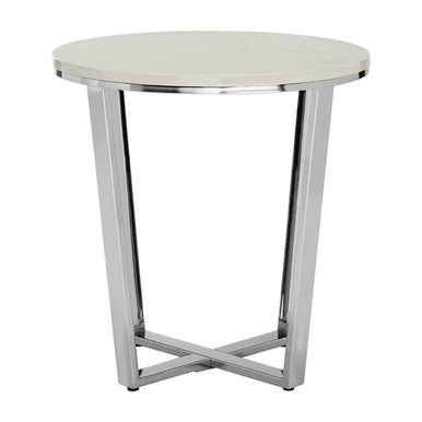 Round White Faux Marble End Table with Chrome Lattice Leg Design, Allure