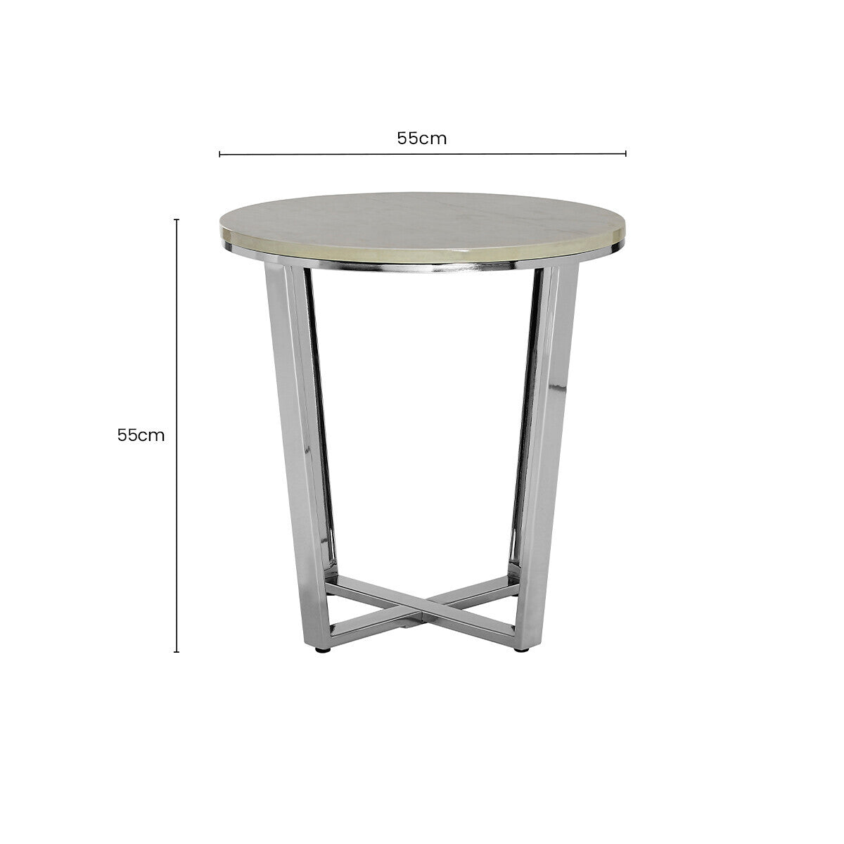 Round White Faux Marble End Table with Chrome Lattice Leg Design, Allure