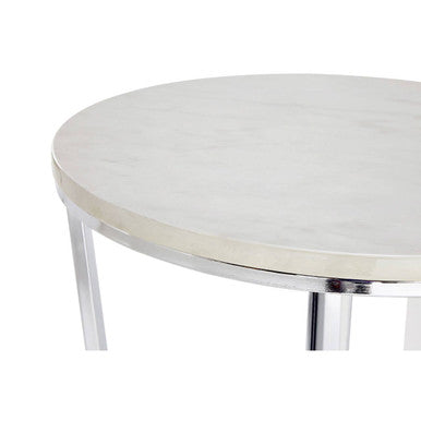 Round White Faux Marble End Table with Chrome Lattice Leg Design, Allure