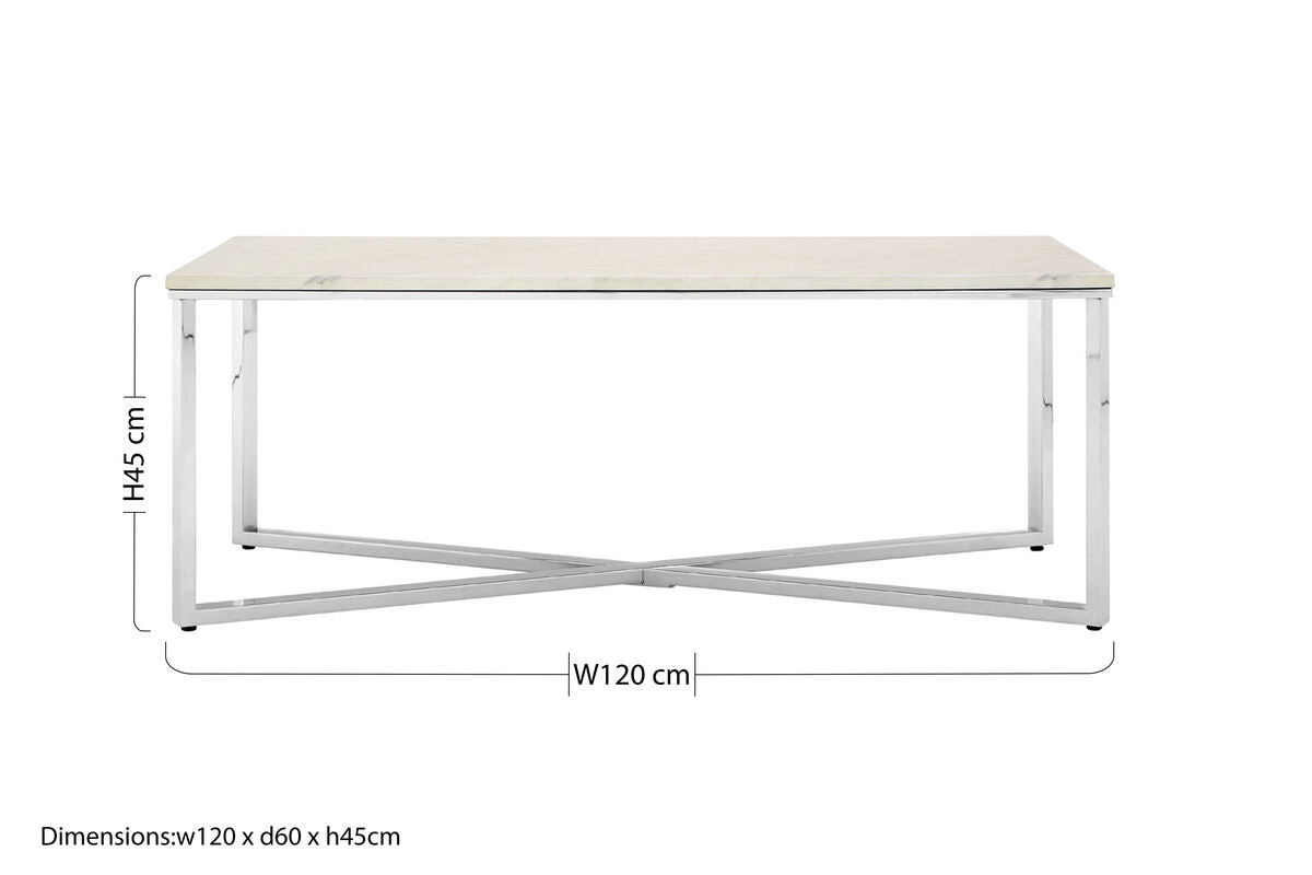 White Faux Marble Coffee Table with Chrome Lattice Leg Design, Allure