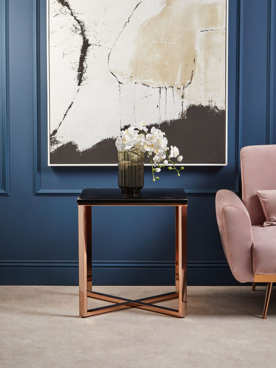 Square Black Faux Marble End Table with Champagne Gold Metal Legs, Allure