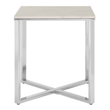 Square White Faux Marble End Table with Silver Chrome Metal Legs, Allure