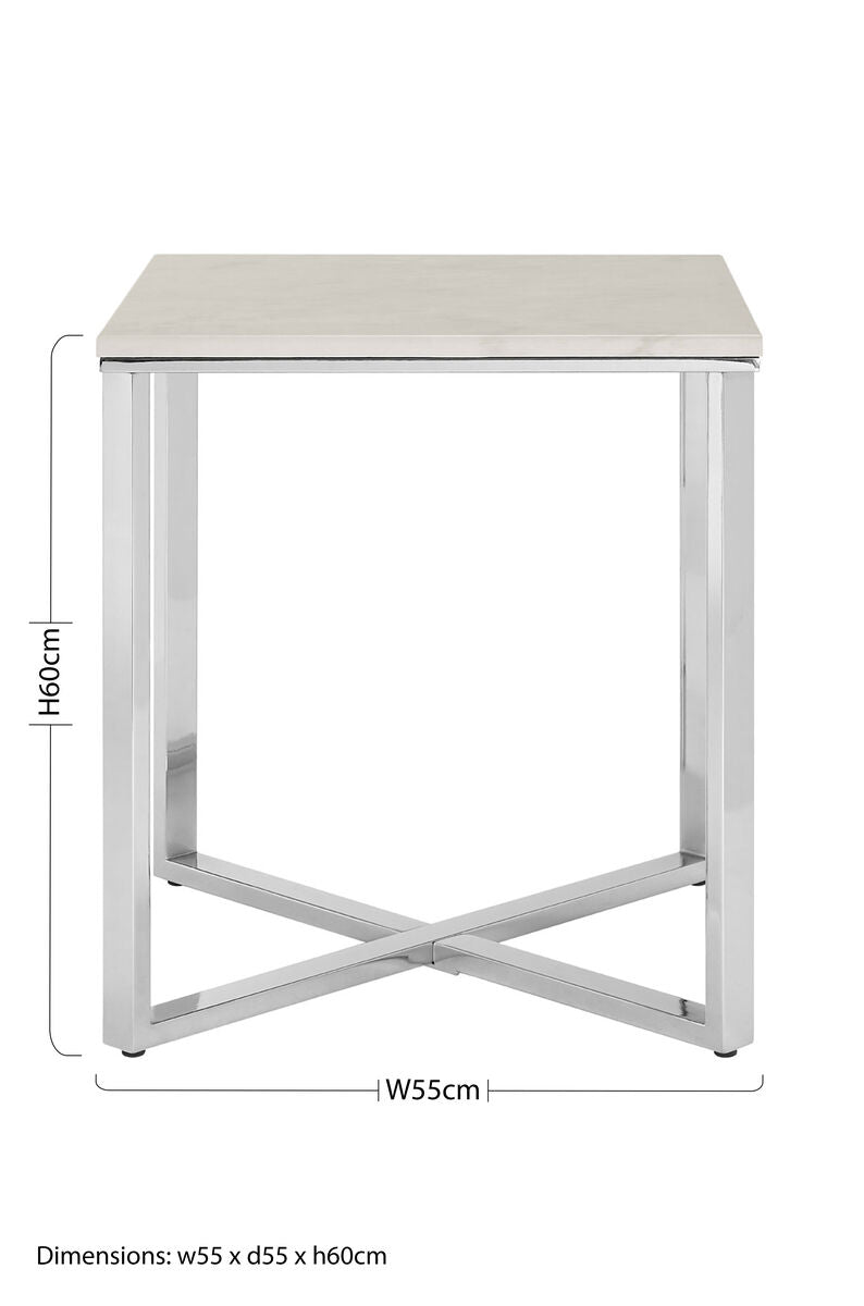Square White Faux Marble End Table with Silver Chrome Metal Legs, Allure