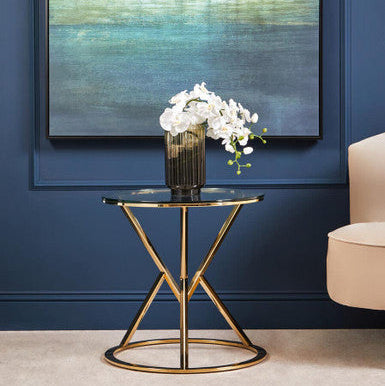 Allure Champagne Stainless Steel Round End Table with Hourglass Base