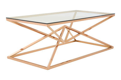 Corseted Rose Gold Triangle Steel Base Coffee Table with Tempered Glass Top, Allure