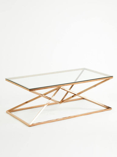Allure Rose Gold Stainless Steel Rectangular Coffee Table with Prism Base