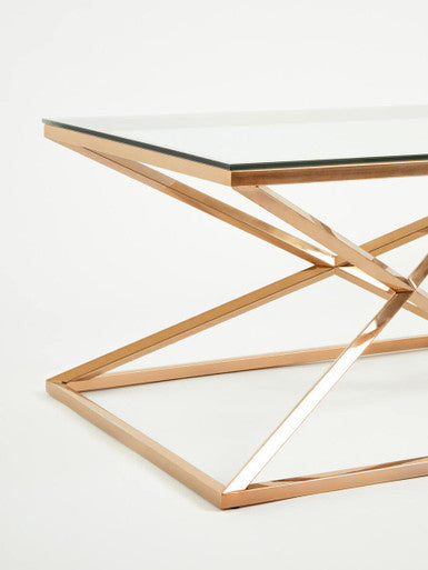 Allure Rose Gold Stainless Steel Rectangular Coffee Table with Prism Base