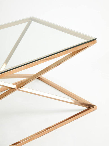 Allure Rose Gold Stainless Steel Rectangular Coffee Table with Prism Base