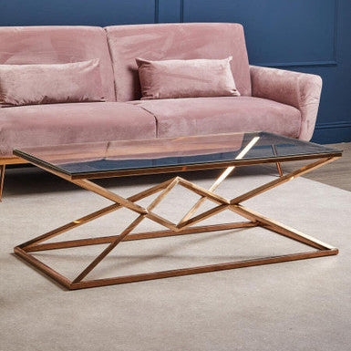 Allure Rose Gold Stainless Steel Rectangular Coffee Table with Prism Base
